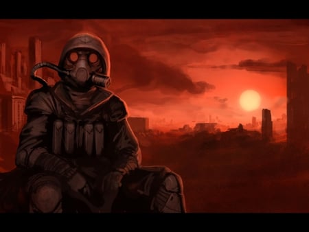 a well earned break - clouds, soldier, city, sun, ruins