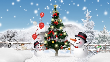 Christmas for Frosty and Son - trees, snowman, winter, frosty the snowman, fence, firefox persona, christmas, feliz navidad, stockings, snowing, balloons, cold, sky