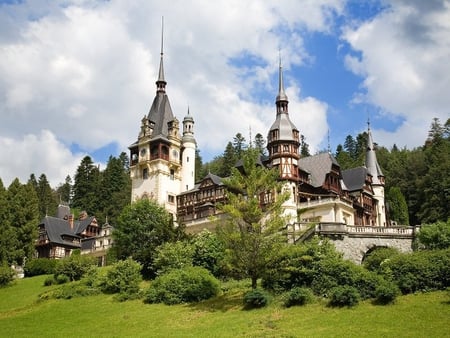 Peles Castle, Sinaia - sky, bushes, castle, grass