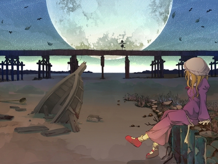 Anime girl seaside - beach, moon, anime, sea, girl