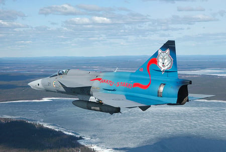 Saab-37-Viggen - wolf logo, flying, blue, saab