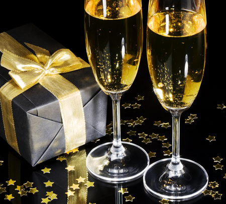 Happy New Year - pretty, gifts, magic, reflection, wine, holiday, magic christmas, ribbon, merry christmas, golden, xmas, christmas gift, happy new year, beautiful, photography, beauty, gold, lovely, party, christmas, champagne, glasses, new year, gift, bow, glass