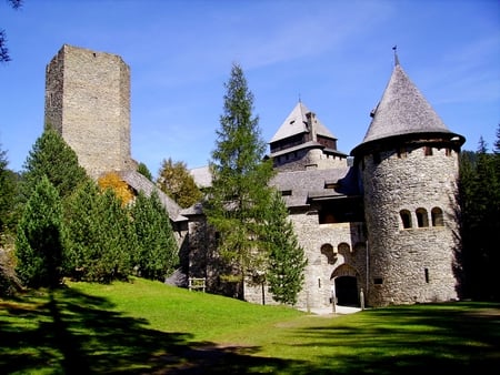 Mountain Fortress - stone, trees, salzburg, finstergrun, mountains, tower, fortress, castle, architecture, burg, austria, grass