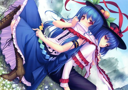 Touhou - girls, hat, scarf, boots, kawai, blue hair, touhou, nagae iku, anime, hinanawi tenshi, sayori, blush, cute, dress