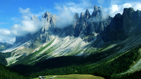 Lofty Mountains - lofty, clouds, house, trees, green, snow, mountains