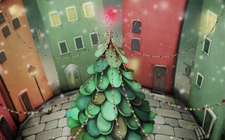 christmas tree at town - snowflakes, town, window, holiday, houses, house, abstract, winter, pearls, lantern, tree, christmas, colorful, drawing, christmas tree, design, lights