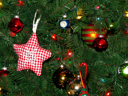 seasons greetings - red, decor, lights, balls, star, christmas, green