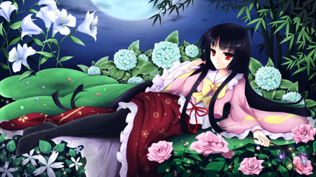 Houraisan Kaguya - moon, girl, female, roses, night, red eyes, houraisan kaguya, touhou, pretty, anime, luna, flowers, cute