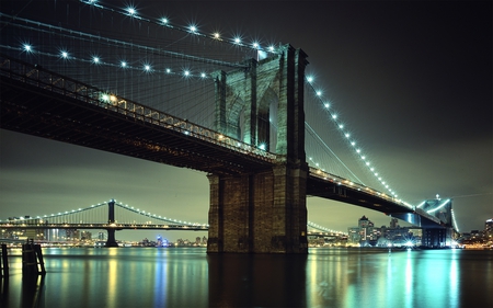 Brooklyn Bridge - new york, sky, night, brooklyn bridge, river, beautiful, architecture, bridges, usa, lights