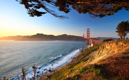 Golden Gate Bridge - bridges, trees, oceans, water, beautiful, beaches, golden gate bridge, architecture, usa, san francisco, nature, sky