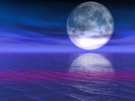 MOON REFLECTION - moon, sky, ocean, night, waves, reflection, clouds, pink, blue