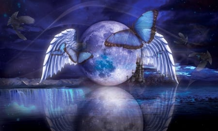 BUTTERFLY MOON DREAMS - moon, waterfalls, birds, blue, butterflies, night, reflection, stars, wings, castle, sky