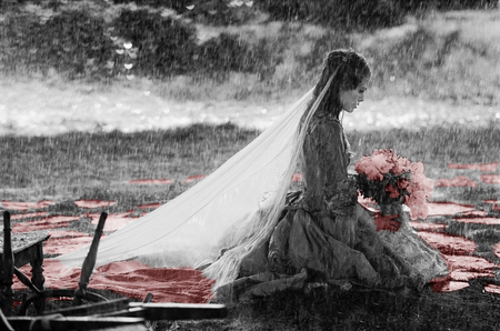 Sad Bride - bride, female, people, black, white, sad, red, woman, rain