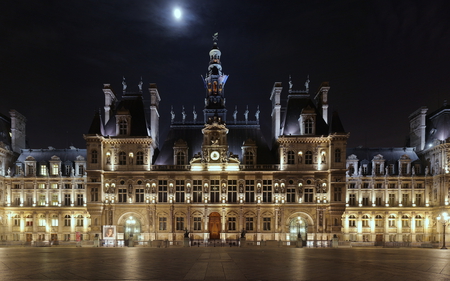 Hotel de Ville - moon, paris, hotel de ville, original, lights, hotel, night, france