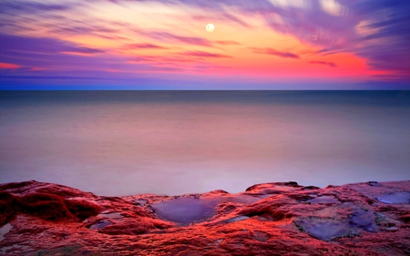 MOONLIGHT HORIZON - horizon, moon, sky, night, stones, sea