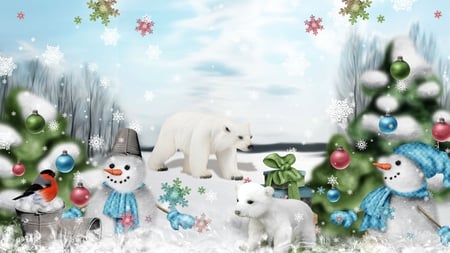 Christmas in the North - bird, snow, firefox persona, feliz navidad, decorated, polar bears, xmas, sky, snowman, snowmen, trees, winter, cub, balls, baby, christmas, mama