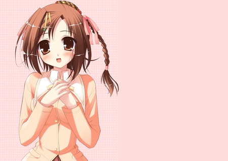 Kamisaka Haruhi - background, girl, hair, eyes, wallpaper, haruhi, hd, brown, pink, clothes, anime, kamisaka, blush, cute