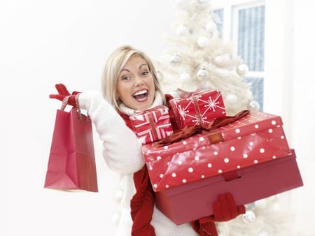 Have Fun Shopping Around! - young girl, gifts, have fun, presents, fashion, blonde, entertainment, happy, shopping around, atmosphere, forever, charm, love, composition, christmas, smile, happiness, funny, red and white