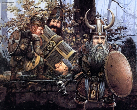 dwarves and their treasures - helmets, trees, weapons, chests, shield, dwarves