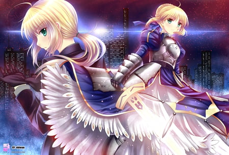 Saber - saber, female, dress, night, light, armor, armor boot, anime girl, armor gloves, hot, fate zero, city, blonde hair, cool, knight, sexy, fate stay night, gloves