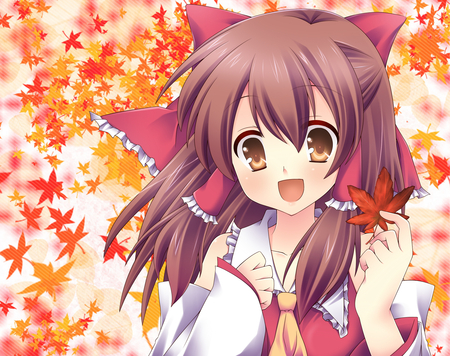 Hakurei Reimu - hakurei, background, girl, eyes, hair, leaf, wallpaper, hd, touhou, brown, yellow, red, anime, orange, reimu, happy