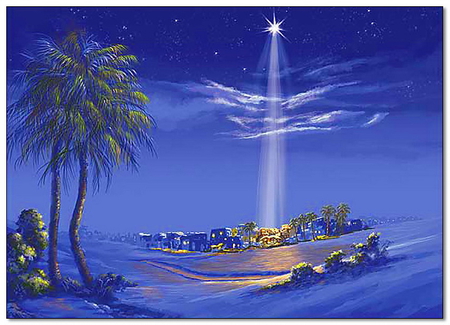 Little town of Bethlehem - palm trees, star, bethlehem, town, clouds, blue, christmas