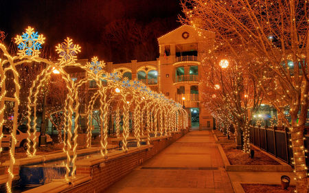 Downtown Christmas Arches - christmas, arches, town, sidewalk, lights, decorations