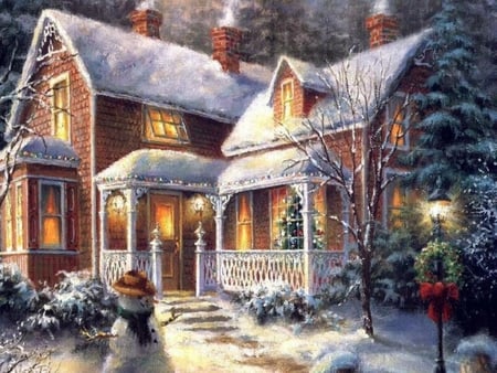 Xmas - snow, winter, holiday, house, drawing, christmas