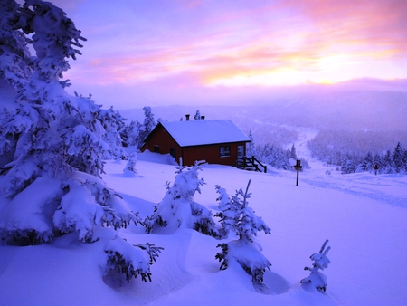 Winter Escape - trees, snow, log cabin, sunset, sunrise