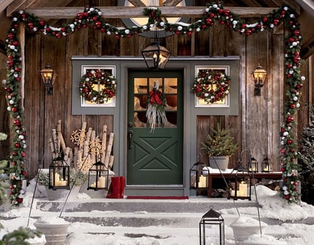 Holiday scenery - snowflakes, boots, wood, snow, steps, wreaths, door, fire wood, holiday, fire, red, ornaments, decorations, candles, house, beautiful, lanterns, windows, lovely, tree, christmas, white, christmas tree, silver, lights, glass