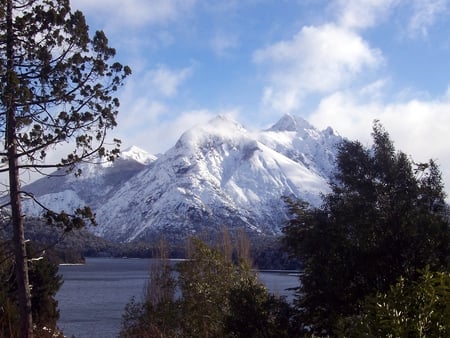 Christmas Snowy Mountains. - snow, sky clouds trees, water, blue