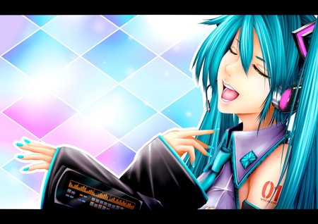 Hatsune Miku - aqua, stage, headset, music, anime girl, amazing, art, whtie, cool, aqua eyes, checkered, artistic, hatsune miku, song, stunning, vocaloids, program, glow, vocaloid, pink, beautiful, uniform, diva, beauty, nice, twintail, singer, aqua hair, black, virtual, pretty, idol, anime, lighting, miku, cute, twin tail, girl, cg, hatsune, microphone, blue, headphones, singing, tie, awesome, digital, outfit