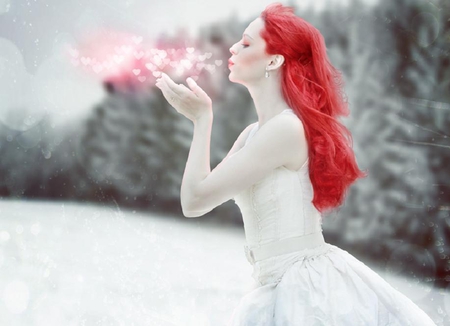 blowing heart - white, nice, abstract, pale, girl, red, lovely, fantasy