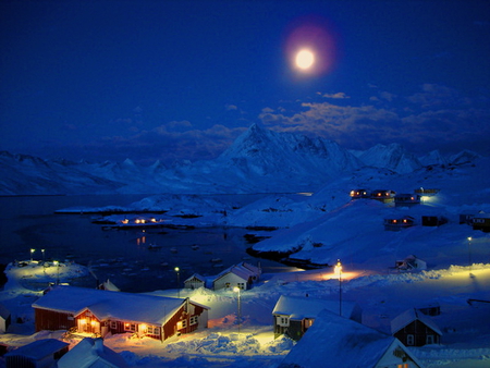 Winter night - moon, winter, blue, lights, lake, night, mountains, houses