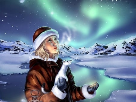 Girl  at Christmas - people, girl, snow, holiday, winter, aurora, christmas