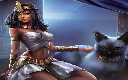 egyptian princeness n her gaint cat - fantasy, babe, sexy, cat