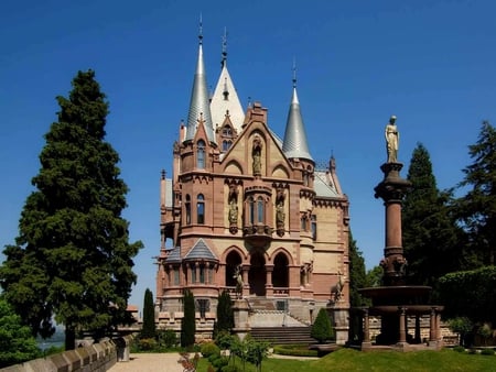 My Family Cottage - statue, trees, bonn, column, villa, home, drachenburg, schloss, castle, house, germany, palace, drachenfels