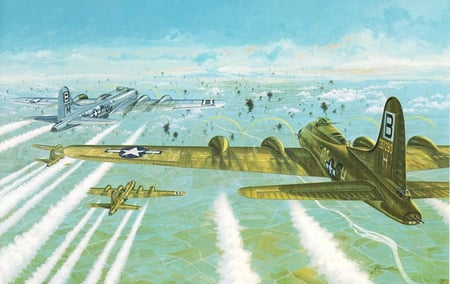 Bombing Run - ww2, bomber, drawing, world, painting, flying, art, fortress, boeing, war, wwii, b-17, b17