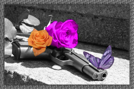 ❀ღ*•*❖❀ butterfly, gun & roses❀ღ*•*❖❀ - roses, butterfly, wp, gun