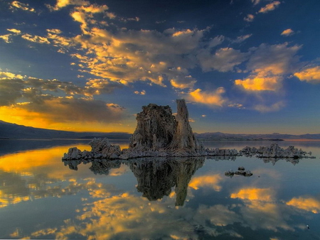 SUNSET REFLECTIONS - reflections, clouds, water, rocks