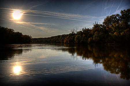 October Sun - calm, sky, lake, trees, striped clouds, sun