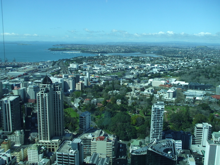 Auckland city on a summers day - sky tower, auckland, skyscrapers, lake, city, buildings