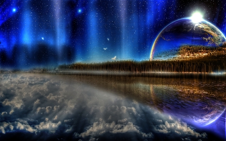 Nature's Mind Games - sky, shimmer, stars, blue, beautiful, reflective, planetary, cosmic