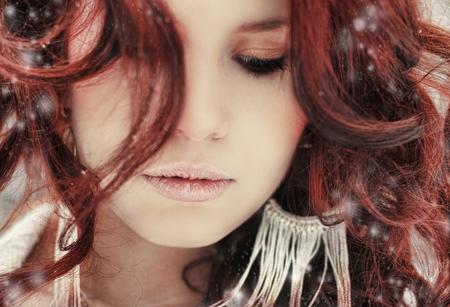 Winter Beauty - woman, beauty, redhead, winter, snowflakes, bride, model, earrings, face, pretty, beautiful