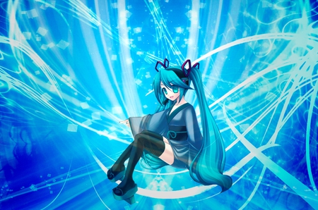 Hatsune Miku - pretty, artistic, clothing, twin tail, light, stunning, headphones, japanese clothes, nice, program, leggings, hot, thighhighs, beauty, kimono, virtual, cg, white, cute, traditional, aqua eyes, song, sexy, vocaloid, anime, blue, amazing, twintail, hatsune miku, microphone, music, aqua, stockings, art, cultural, idol, anime girl, beautiful, singer, girl, cool, black, glow, miku, awesome, diva, digital, teal, aqua hair, thigh highs, hatsune, vocaloids, headset