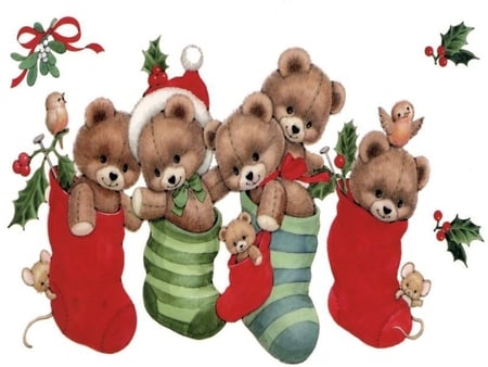 In the Christmas Stockings - stocking, bears, red, green