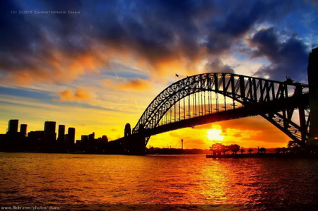 SUNSET UNDER THE BRIDGE - harbour, sun, sky, bridge