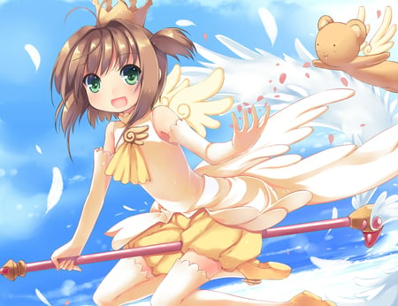 Kinomoto Sakura - kinomoto sakura, feathers, girl, liong, wings, anime girl, crown, kawai, anime, card captor sakura, cute, kero