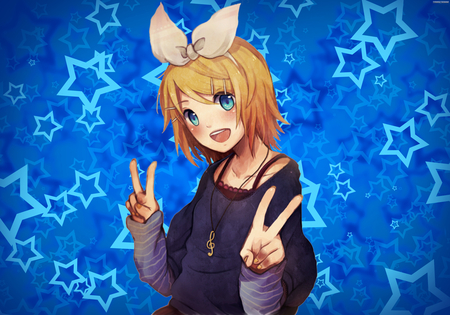 Kagamine Rin - woman, female, music, blond, eye, keynote, rin, kagamine, ribbon, tune, cute, moe, stars, girl, shirt, note, neck, kawaii, vocaloid, blue, v, blush, sweet, smile, happy