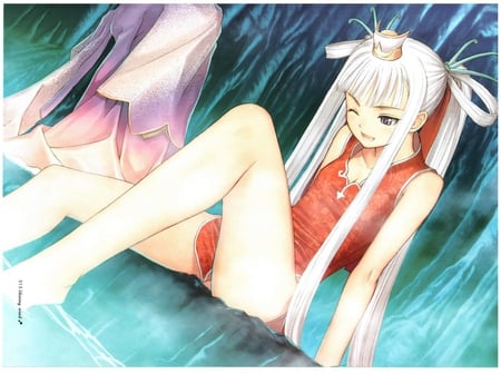 Relaxing time - forest, anime, water, chinese dress, termal, animegirl, white hair